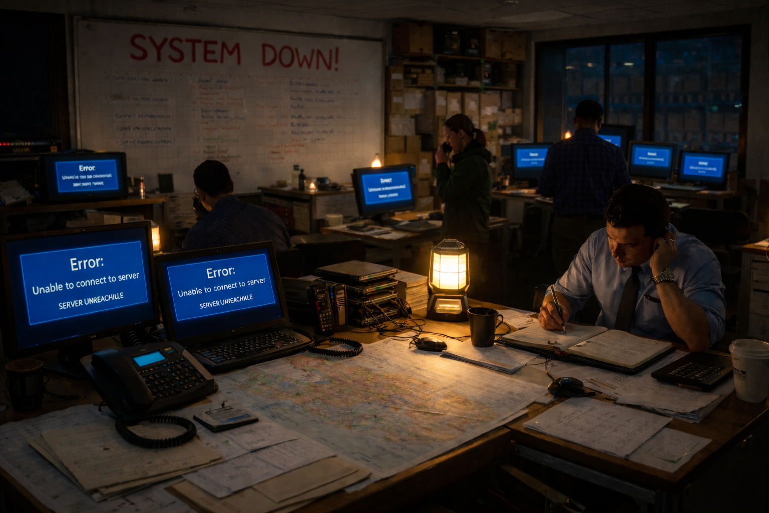 Emergency operations team working through a critical system outage using fallback processes