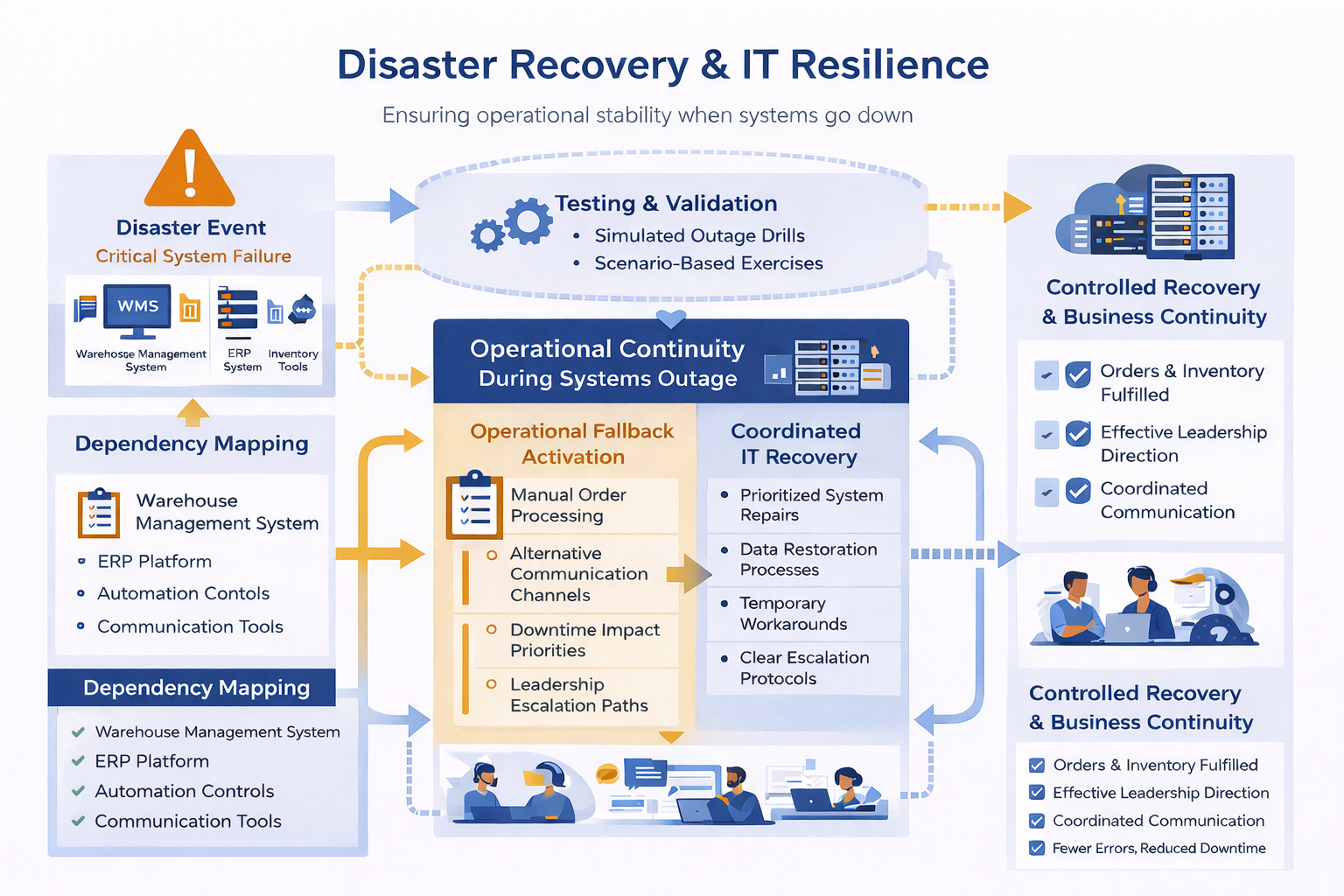 Disaster recovery and IT resilience workflow showing system dependencies, fallback procedures, testing, and restoration priorities