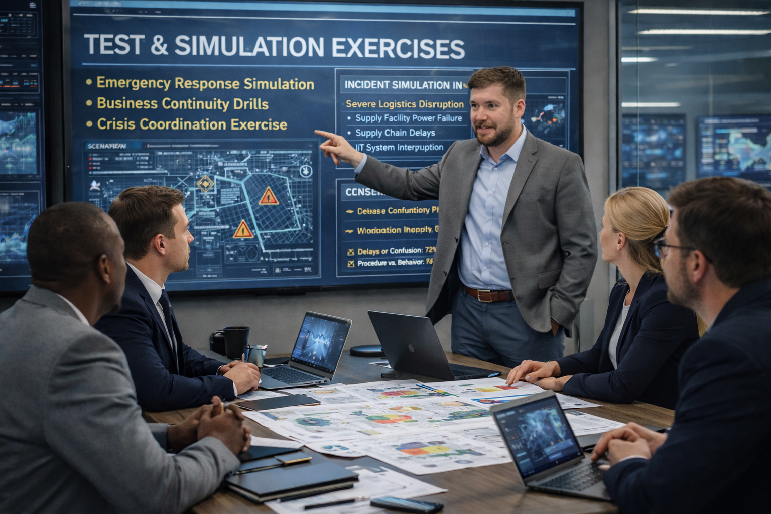 Business continuity simulation in progress with operations team conducting incident response drill