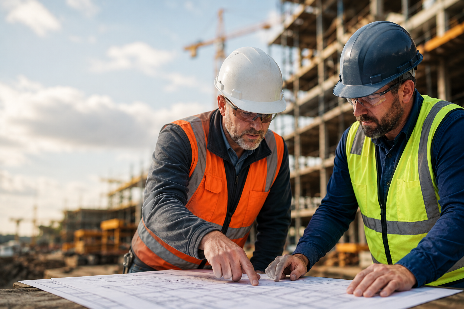 Two construction workers reviewing blueprints