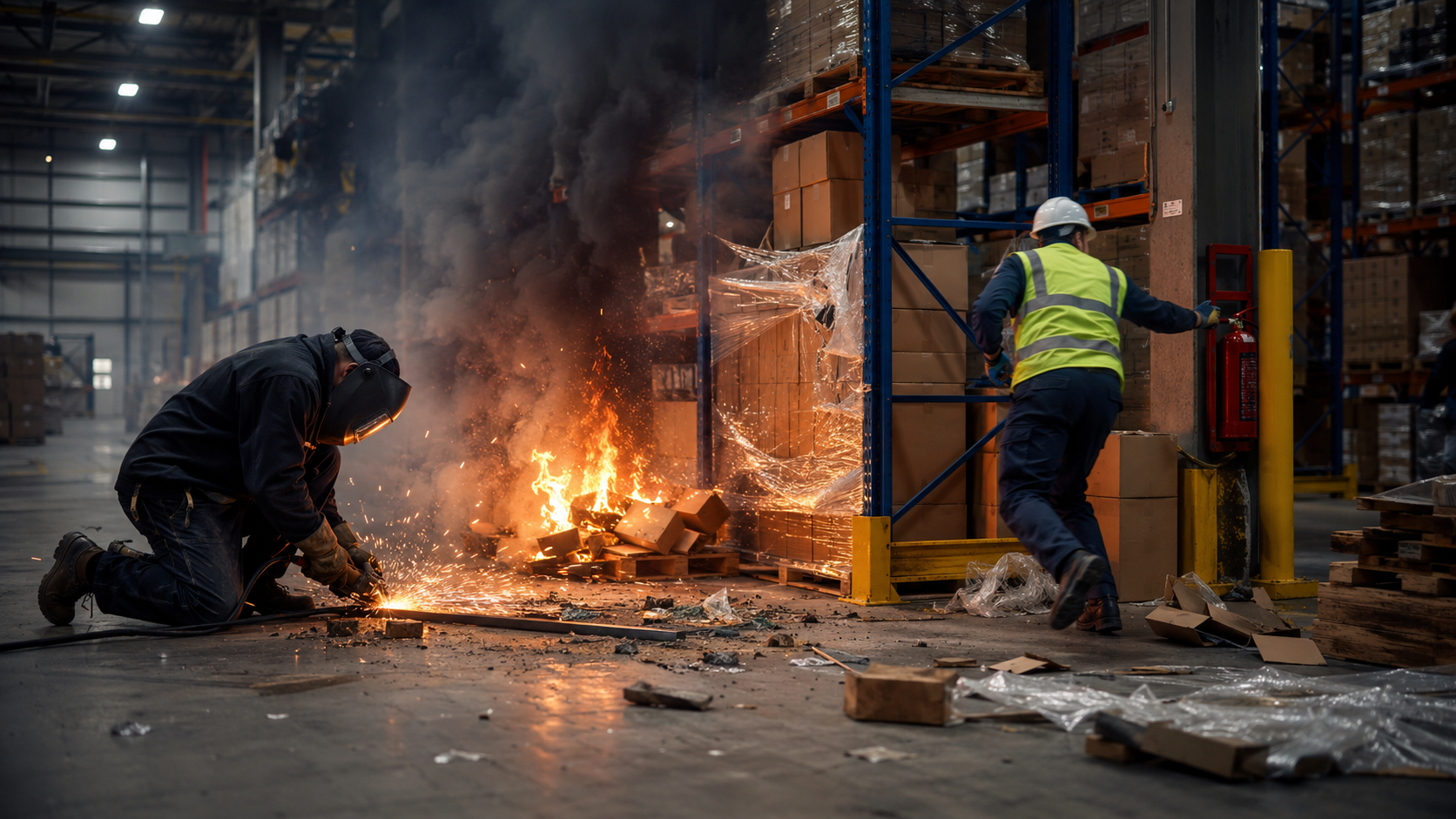Fire incident in a warehouse setting.