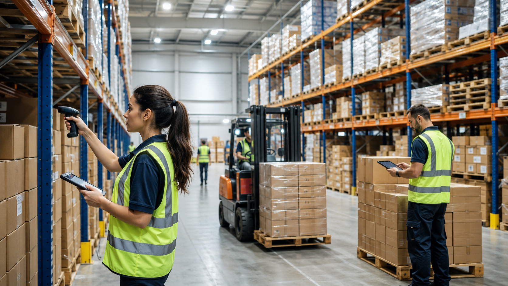 Warehouse workers scanning inventory boxes